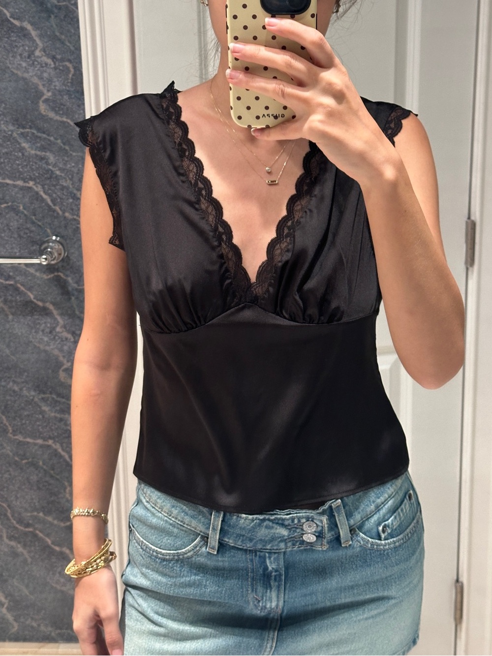 Black Lace-Trim Satin V-Neck Women's Top